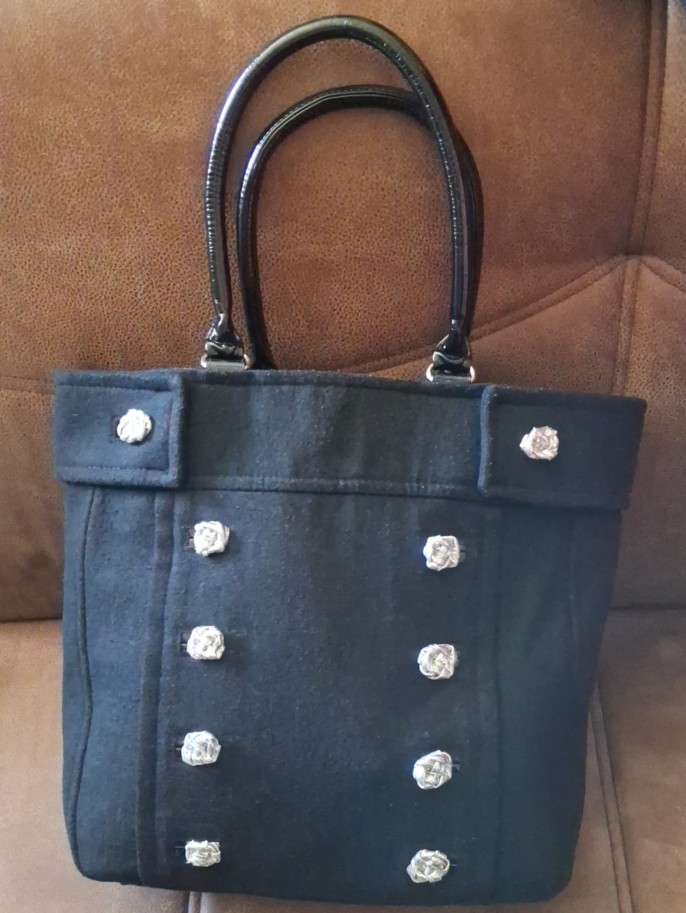 Braciano Black Wool Pea Coat Tote Bag with Decorative Button Accents